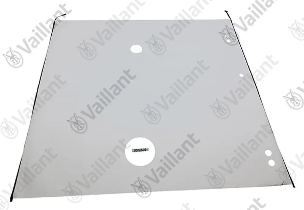 Vaillant Mantel aus glänzendem Metall mit mehreren Bohrungen zur Befestigung. Eine zentrale Öffnung ist sichtbar. Das Produkt hat eine klare, flache Struktur.